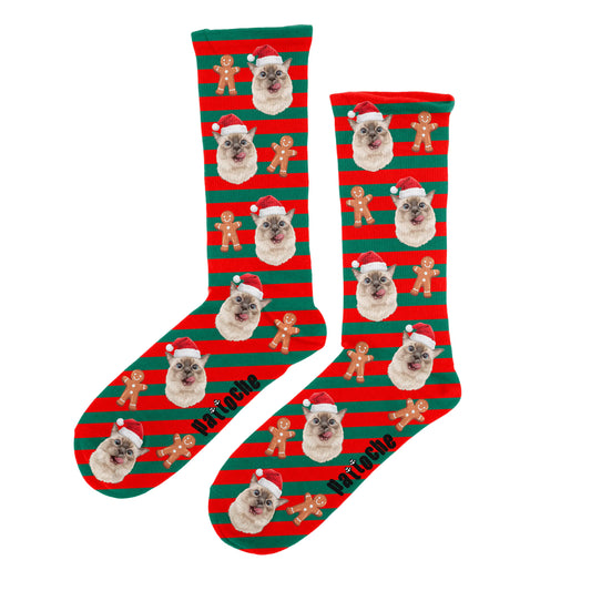 Chaussettes de Noël pour adulte rayées vertes et rouges personnalisables avec la tête d’un chien ou d’un chat