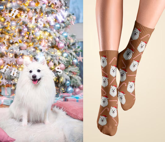 Chaussettes de Noël brunes personnalisées avec la tête d'un Spitz et motifs sucres d'orge
