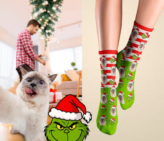 Photo chat Siamois transformée en chaussettes de Noël Grinch Festif personnalisées - Pattoche