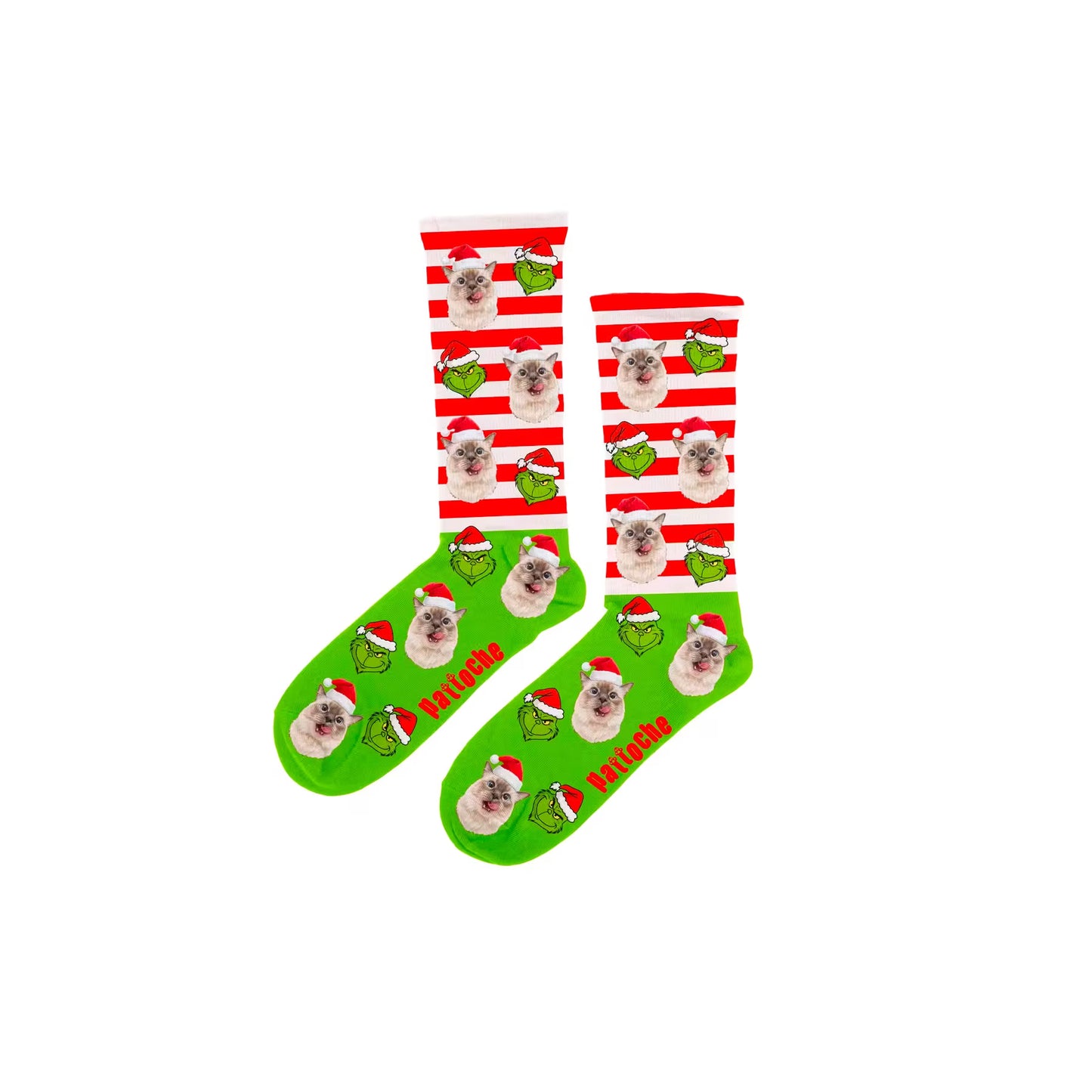 Chaussettes de Noël rayées Grinch pour enfant personnalisables avec la tête de votre chien ou chat