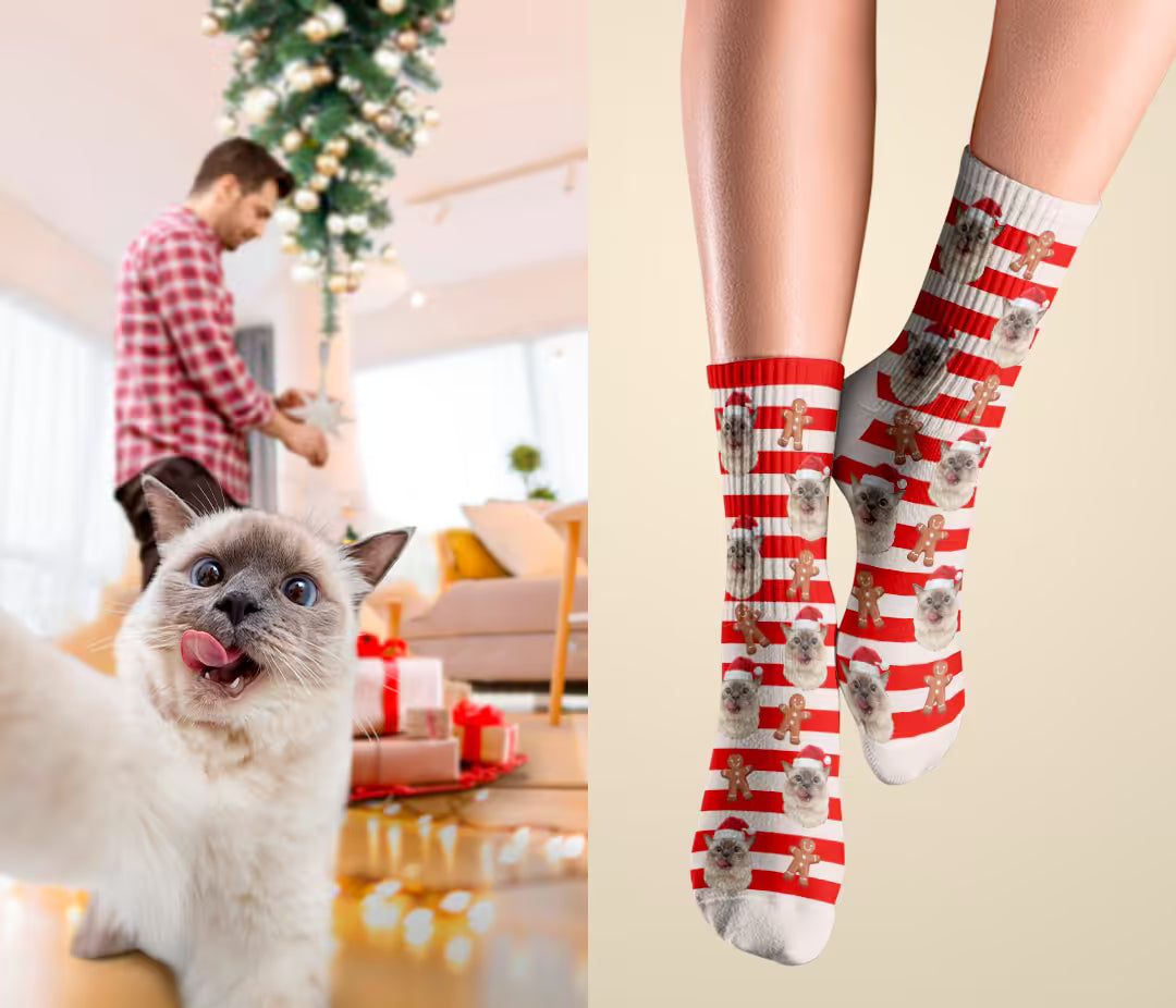 Photo chat Siamois transformée en chaussettes de Noël Rouge Épicé personnalisées - Pattoche