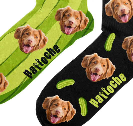 Gros plan sur le design Pickles cornichons avec portrait de chien - chaussettes dépareillées Pattoche