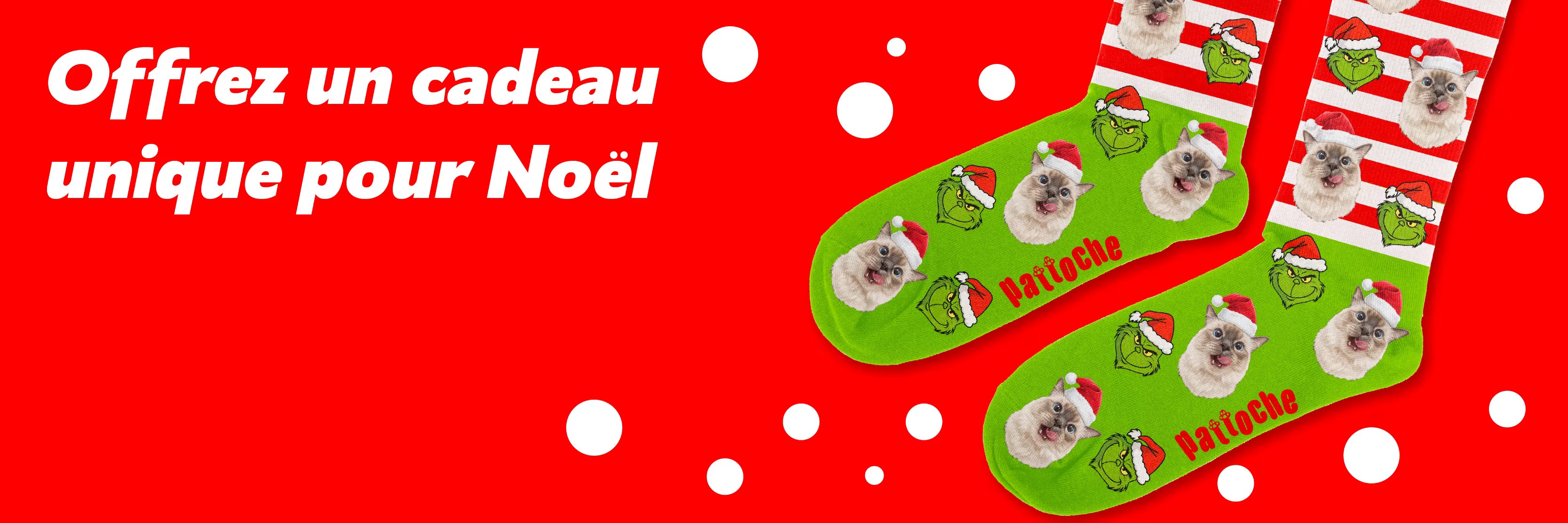 Banner présentant la nouvelle chaussette de Noël Grinch pour adultes et enfants, personnalisable avec tête de chien ou de chat