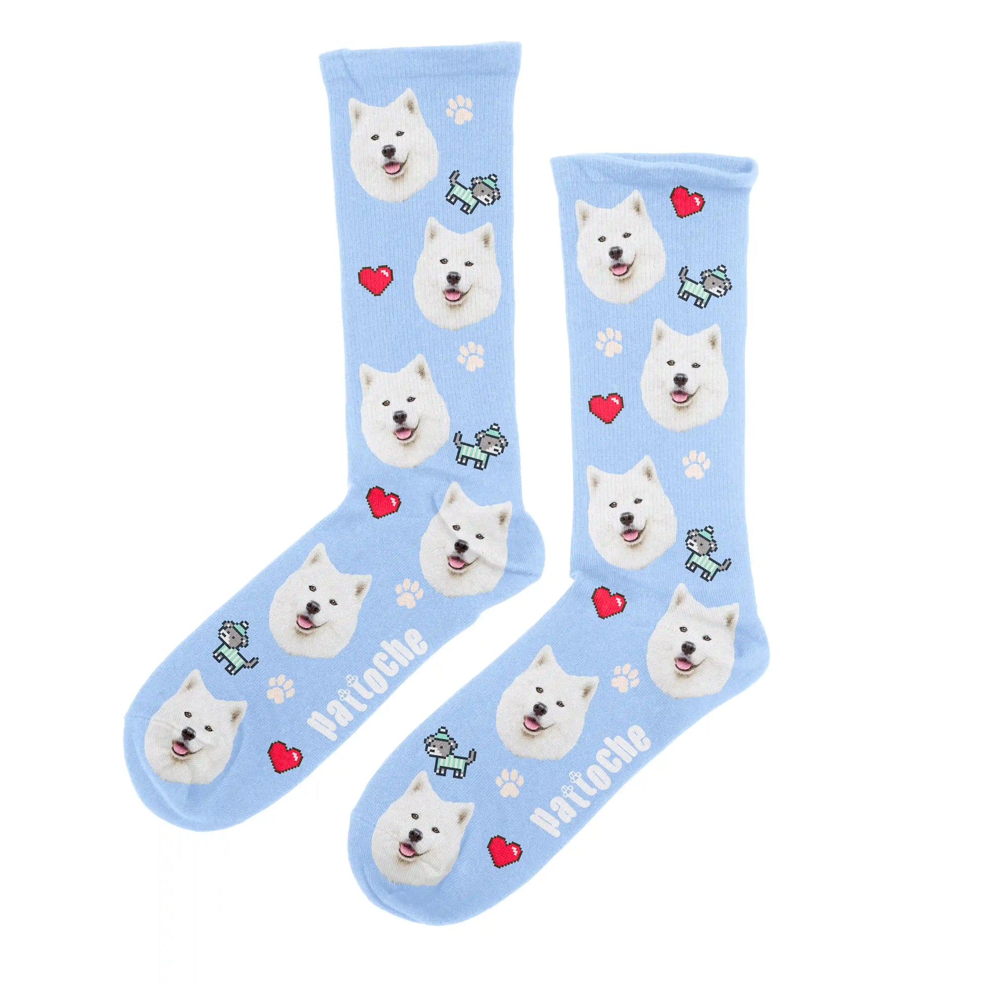 Chaussettes cœur pixel art bleues avec portrait de chien - design cœurs et empreintes Pattoche