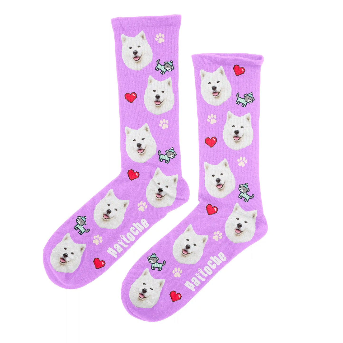 Chaussettes cœur pixel art mauves avec portrait de chien - design cœurs et empreintes Pattoche