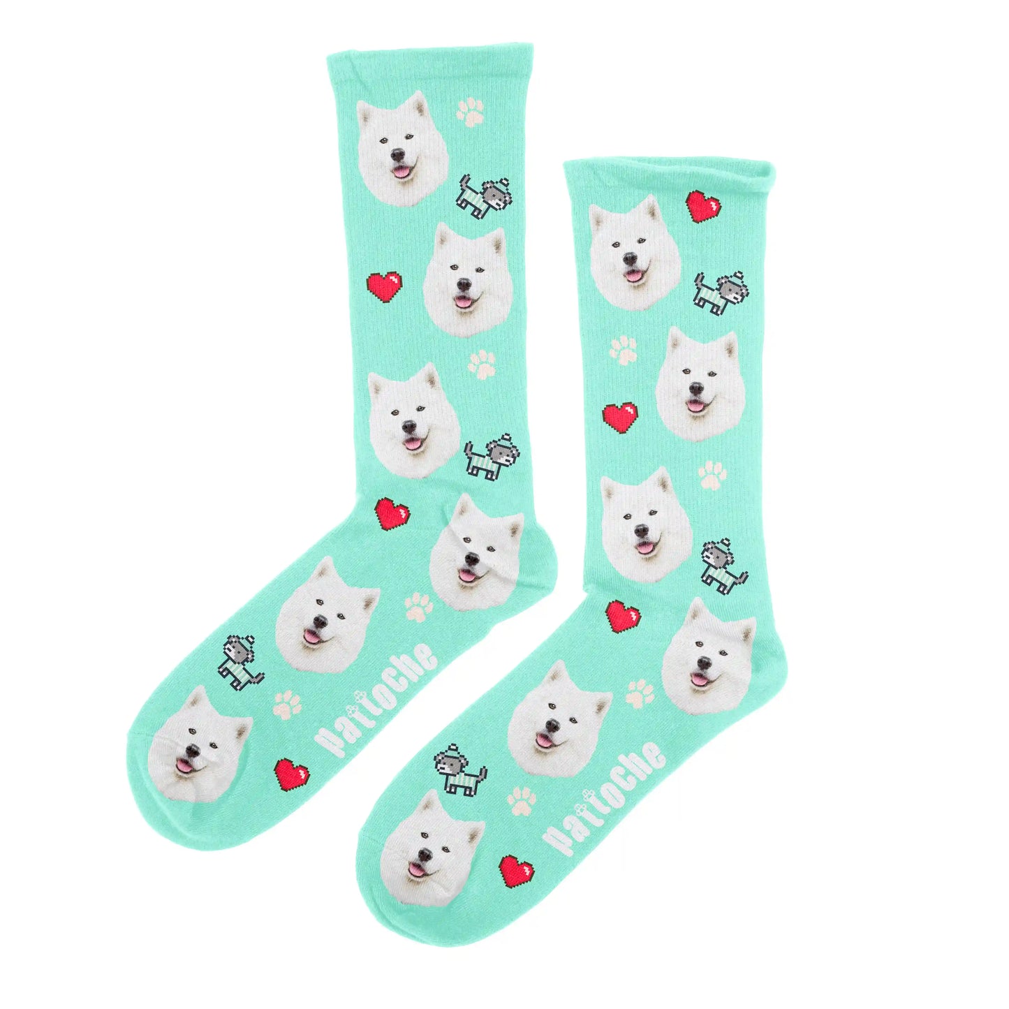 Chaussettes cœur pixel art menthe avec portrait de chien - design cœurs et empreintes Pattoche