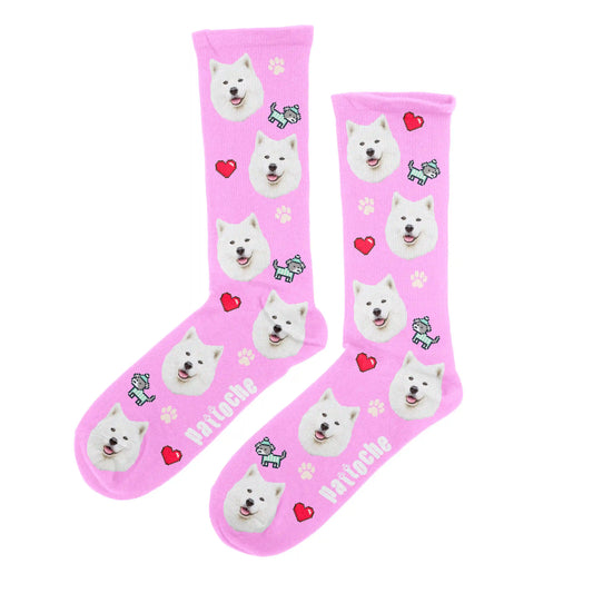 Chaussettes cœur pixel art roses avec portrait de chien - design cœurs et empreintes Pattoche