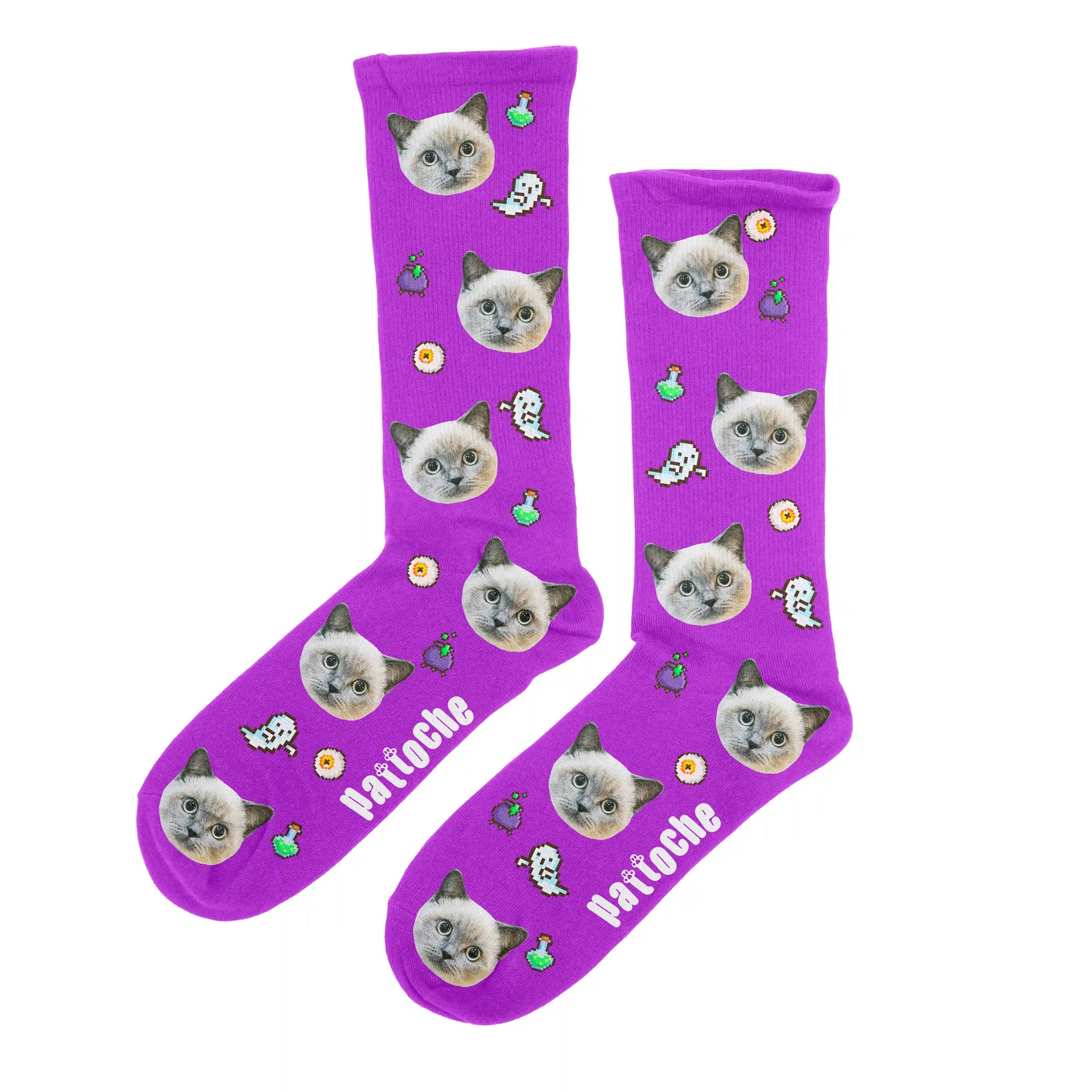Chaussettes Halloween pixel art mauves avec portrait de chat - design fantômes Pattoche