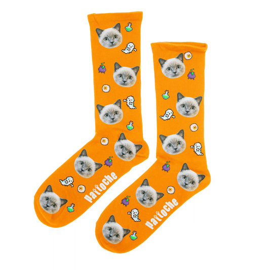Chaussettes Halloween pixel art oranges avec portrait de chien - design fantômes Pattoche