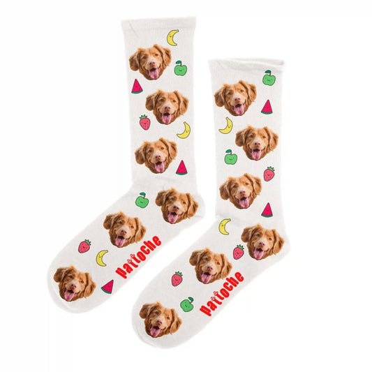 Chaussettes kawaii fruits personnalisées avec portrait de chien - pastèque, fraise, banane, pomme - Pattoche