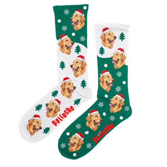Chaussettes de Noël pour adulte dépareillées personnalisées avec la tête d’un Golden Retriever avec un chapeau de Noël