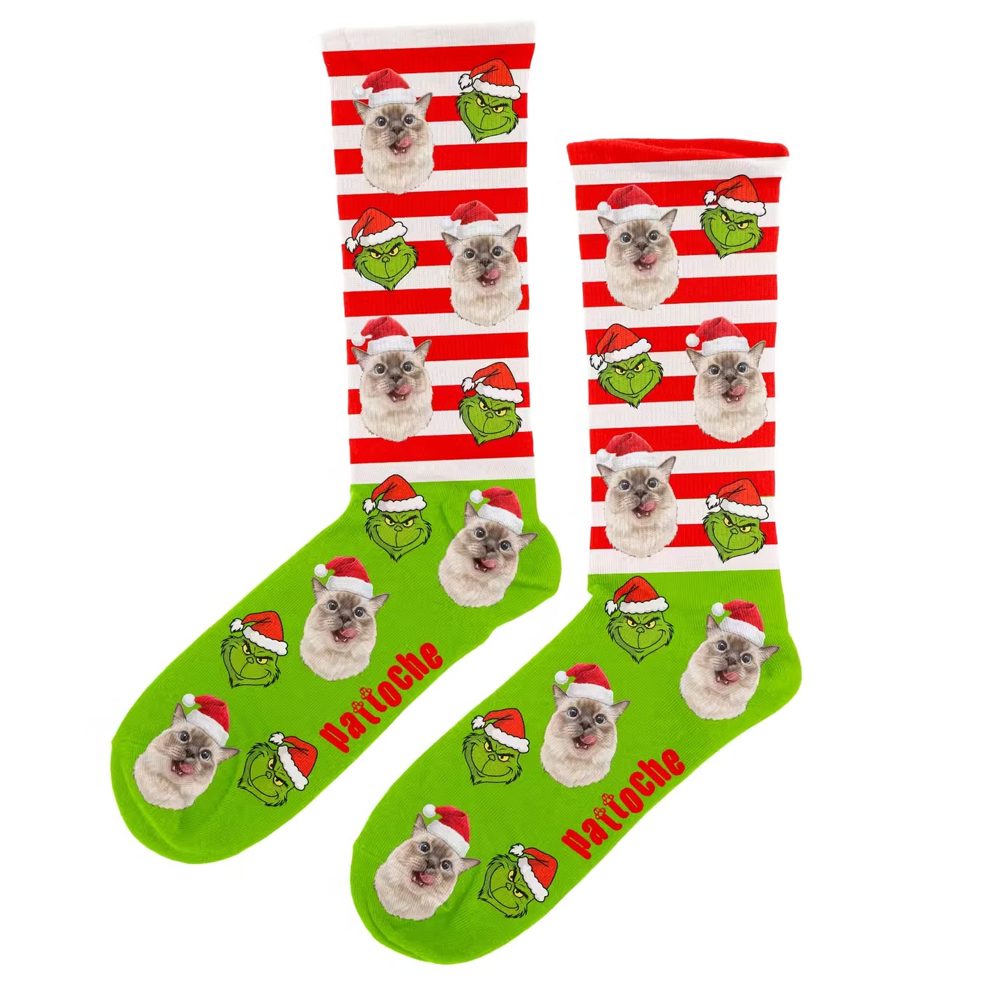 Chaussettes de Noël pour adulte rayées avec tête du Grinch personnalisables avec la tete d'un chat