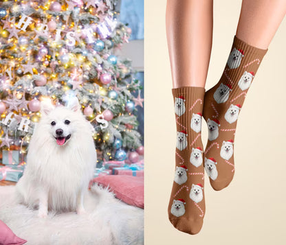 Chaussettes de Noël brunes personnalisées avec la tête d'un Spitz et motifs sucres d'orge