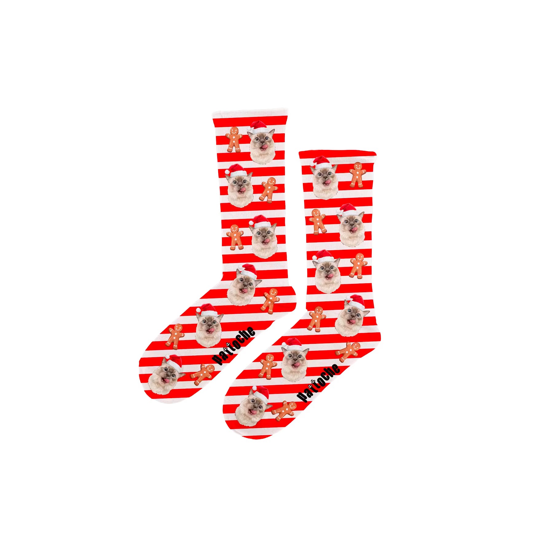 Chaussettes de Noël pour enfant rayées avec motifs pain d’épices avec une tête de chat
