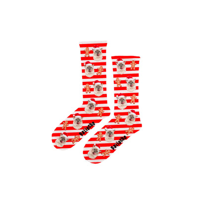 Chaussettes de Noël pour enfant rayées avec motifs pain d’épices avec une tête de chat