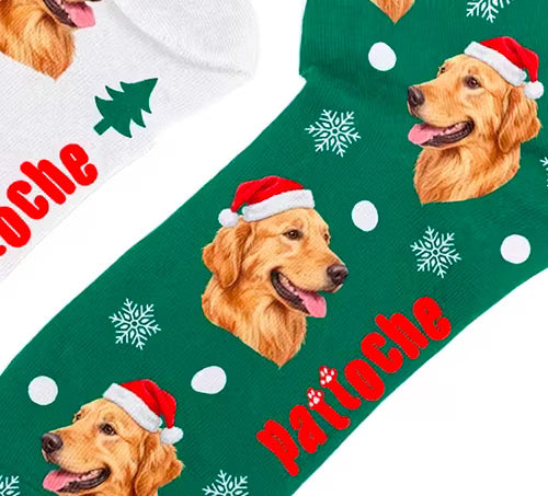Chaussettes de Noël Forêt Givrée personnalisées avec Golden Retriever et chapeau de Noël - Pattoche