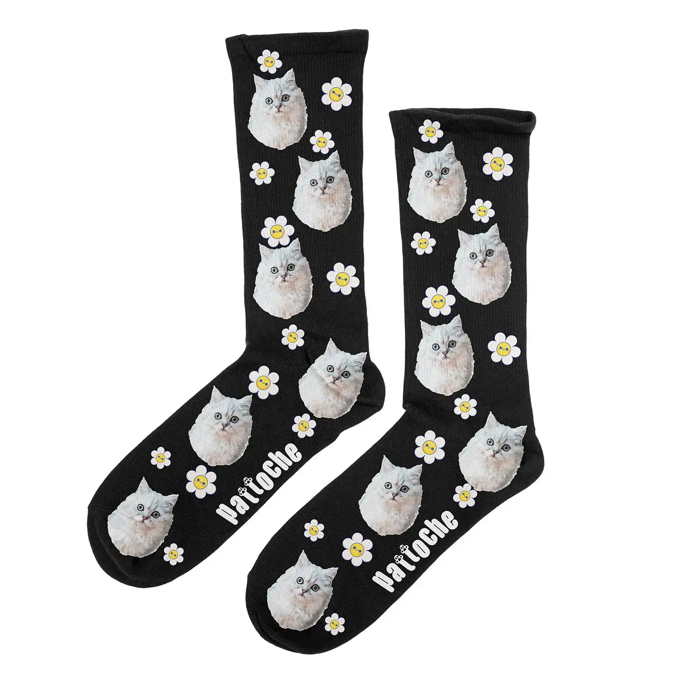 Chaussettes Daisy personnalisées noir avec portrait de chat - design marguerites kawaii Pattoche