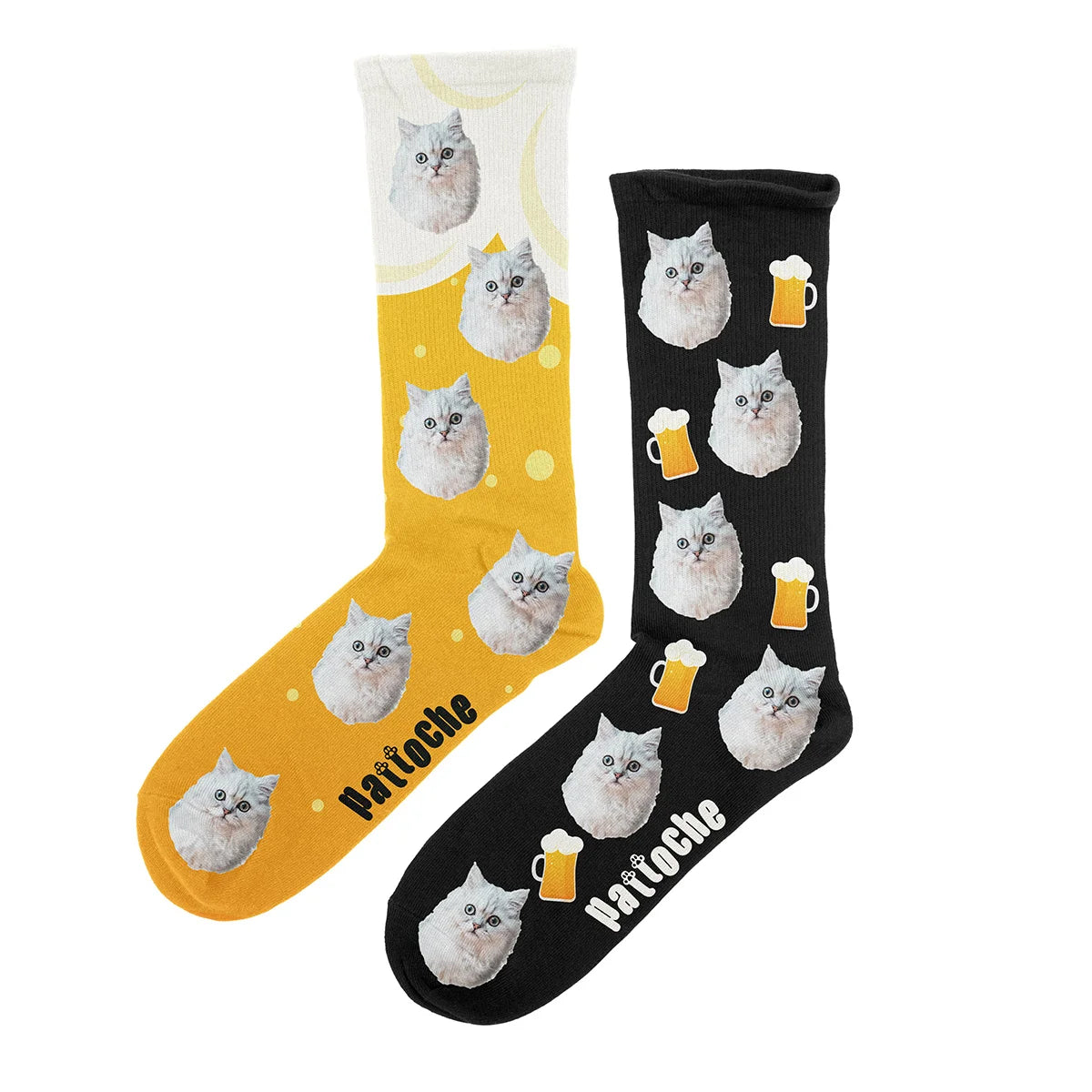 Chaussettes Bière personnalisées dépareillées noir et jaune doré avec tête de chat - Pattoche Belgique
