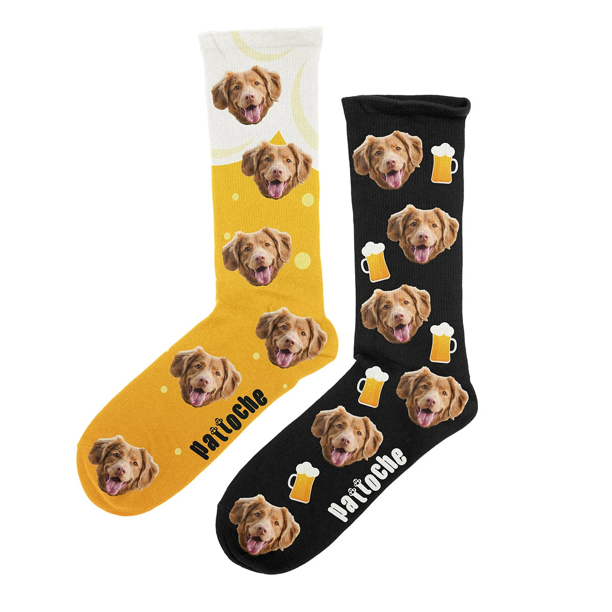 Chaussettes Bière personnalisées dépareillées noir et jaune doré avec tête de chien - Pattoche Belgique