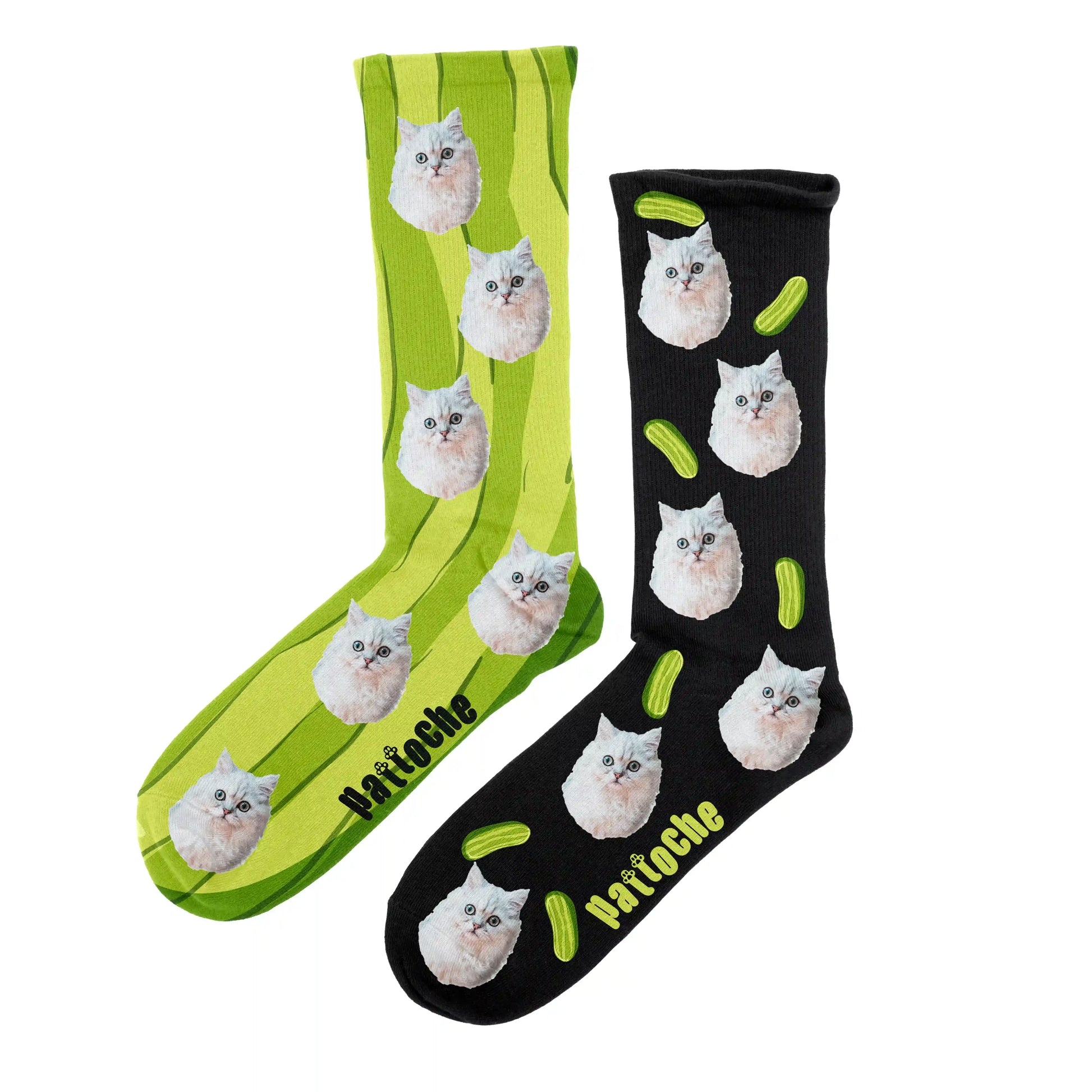 Chaussettes personnalisées cornichons Pickles avec portrait de chat - design dépareillé Pattoche