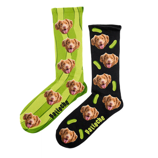 Chaussettes personnalisées cornichons Pickles avec portrait de chien - design dépareillé Pattoche