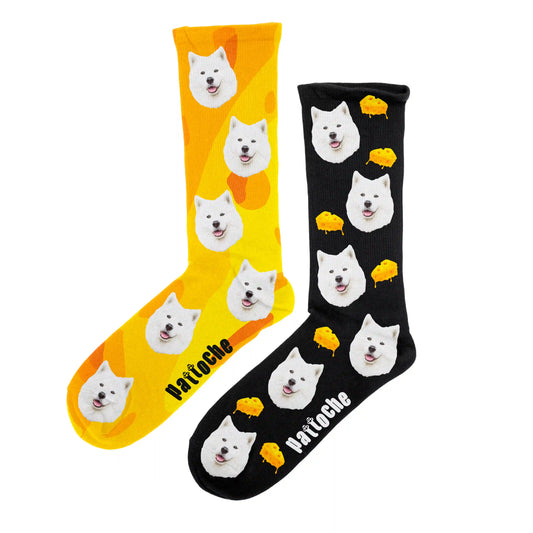 Chaussettes personnalisées fromage Cheese avec portrait de chien - design dépareillé Pattoche