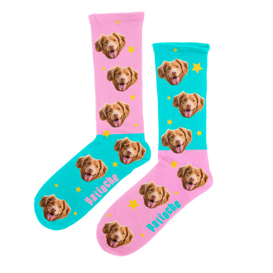 Chaussettes roses et bleues personnalisées Stars avec portrait de chien - Pattoche