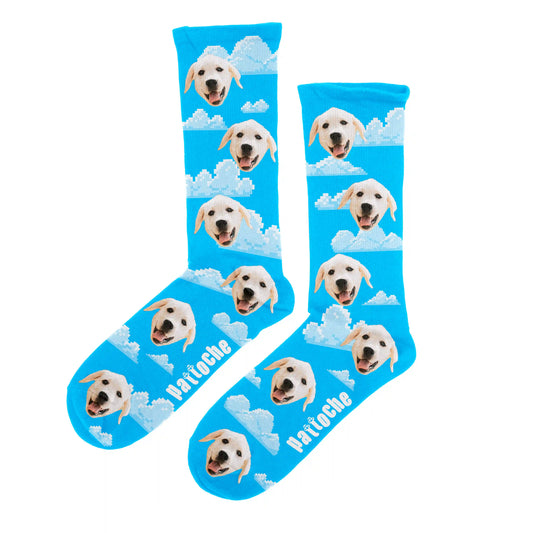 Chaussettes pixel art nuage avec portrait de chien - design ciel rétro Pattoche