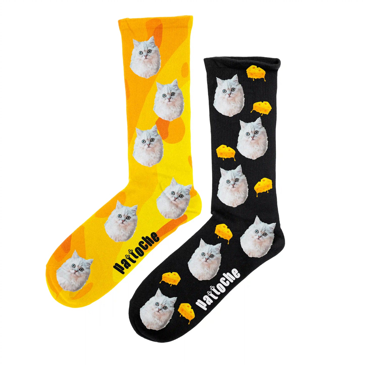 Chaussettes personnalisées fromage Cheese avec portrait de chat - design dépareillé Pattoche
